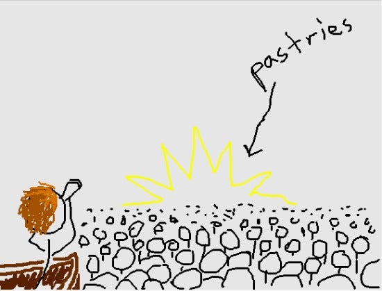 Illustration of a stick figure holding binoculars over a sea of people. in the distance a yellow shape with the arrow "pastries"
